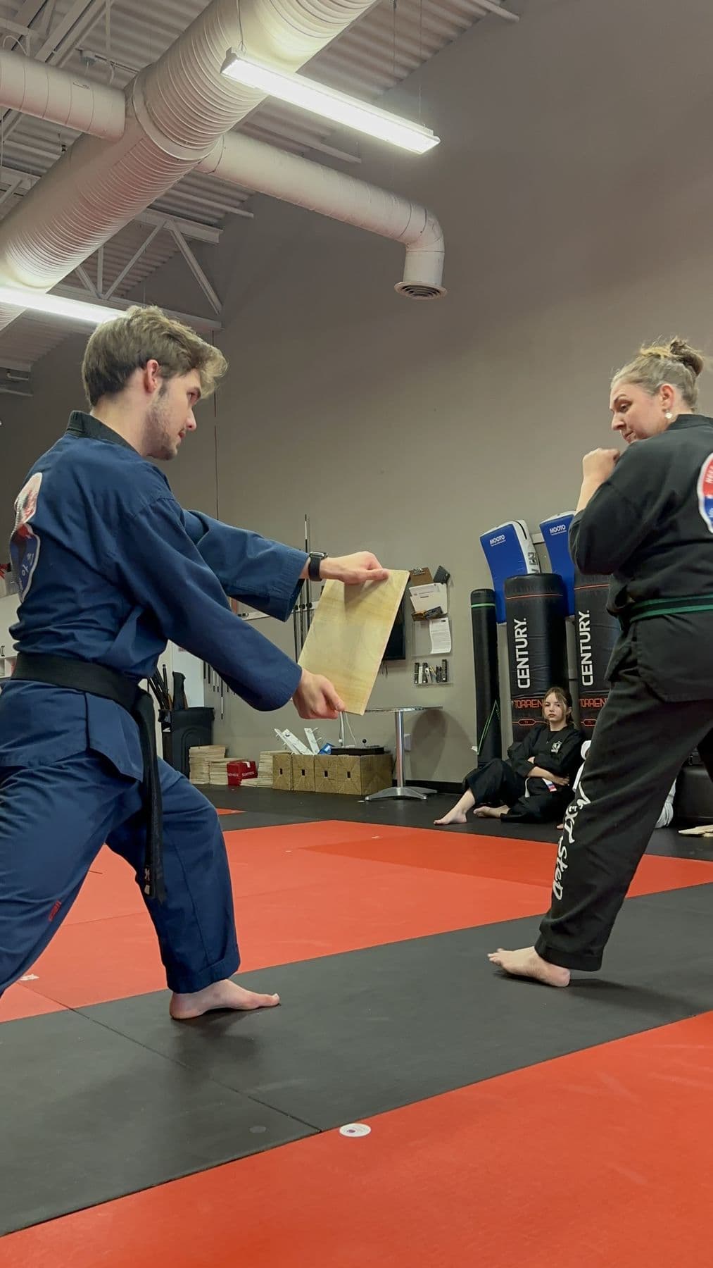 A student breaks a board held by an instructor